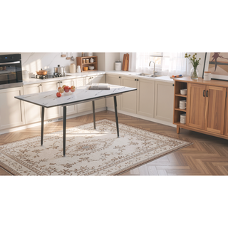Sunvega Expandable Square Marble Pattern MDF Dining Table with Black Metal Legs