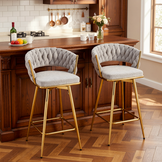 Sunvega 360 Swivel Bar Stools with Cotton Linen Cushions and Electroplated Metal Frame