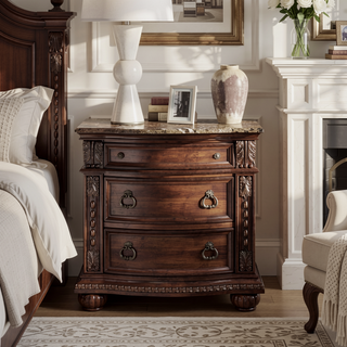 Sunvega Silver Finish European Design Nightstand with Genuine Marble Top