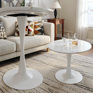 Sunvega Round White Pedestal Side Table with Marble Effect Top for Living Room