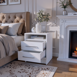 Sunvega White Modern Bedside Table with Spacious Drawers and Open Shelf