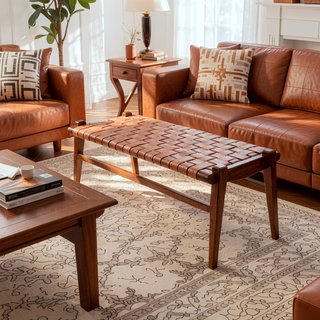 Sunvega Genuine Leather Upholstered Bench with Solid Wood Frame and Tapered Legs