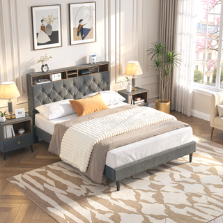 Sunvega Queen Size Upholstered Platform Bed Frame with USB Ports and Storage Headboard
