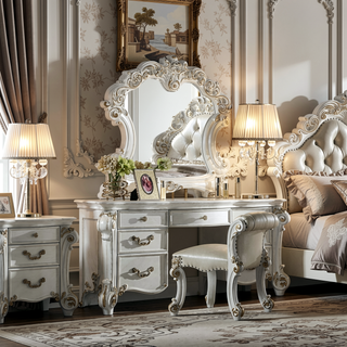 Sunvega Beige and Antique Silver Upholstered Vanity Stool with Nailhead Trim and Button Tufting