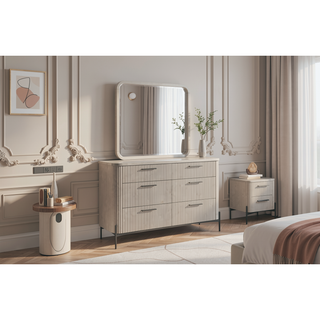 Sunvega Taupe 6 Drawer Dresser with Reeded Fronts and Metal Accent Base