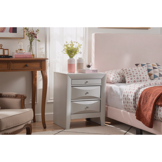 Sunvega Elegant Silver Champagne Nightstand with Three Spacious Drawers and Curved Fronts