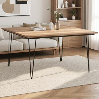 Sunvega 54-inch Square Dining Table in Natural with Solid Mango Wood Top and Hairpin Legs