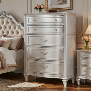 Sunvega Silver Oak 5-Drawer Chest with Hidden Felt-Lined Drawer and Sparkling Accent Panels