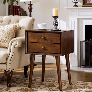 Sunvega Modern Walnut Nightstand with Two Storage Drawers and Gold Accents