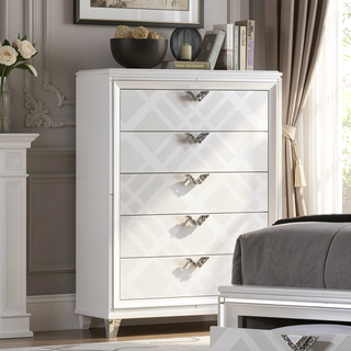 Sunvega White Finish Contemporary Style Chest with Acrylic Legs and Embossed Art Deco Pattern