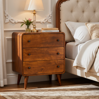 Sunvega Solid Mango Wood Chestnut Mini Curved Chest with 3 Drawers and Nordic Legs