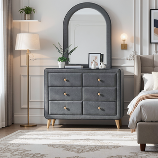 Sunvega Light Gray Fabric Dresser with Six Drawers and Natural Wood Accents