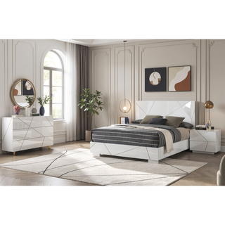 Sunvega Contemporary Nightstand with Geometric Accents and High-Gloss White Finish