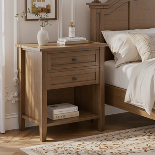 Sunvega Solid Wood Bedside Table with Two Drawers and Lower Shelf Storage