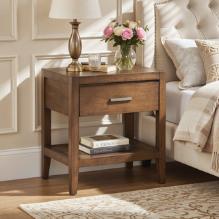 Sunvega Transitional Light Brown Nightstand with Dovetail Drawer and Open Shelf