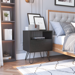 Sunvega Industrial Hairpin Legs Nightstand with Drawer and Open Shelf for Bedroom