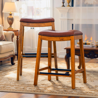 Sunvega Natural Finish Saddle Leather Seat Counter Stool with Footrest and Nail Head Trim