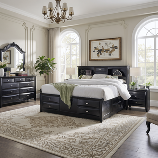 Sunvega Lucille Black Nightstand with Spacious Drawers and Chambered Fronts