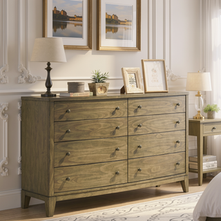 Sunvega Natural Pine 8-Drawer Dresser Cabinet with Solid Wood Tops and Antique Nickel Hardware