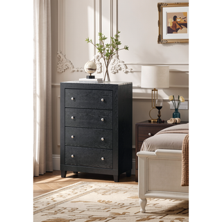 Sunvega Modern White Faux Marble Top Nightstand with Two Drawers in Black Finish