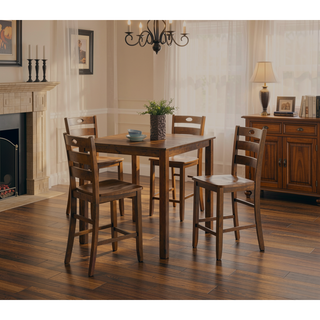 Sunvega Walnut Finish Transitional Dining Table Set with Square Table and Slat Back Chairs