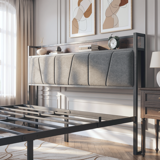 Sunvega Full Size Bed Frame with Storage Headboard and Charging Station Outlets