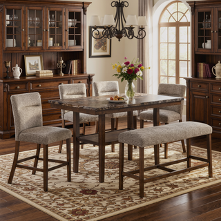 Sunvega Contemporary Brown Bar Table with Faux Marble Top and Storage Shelf