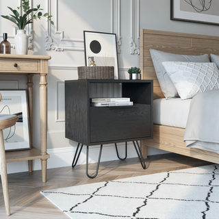 Sunvega Single Door Cabinet Nightstand with Hairpin Legs and Two Shelves