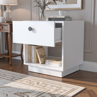 Sunvega White 1-Drawer Nightstand with Large Storage Shelf and Smooth Glide