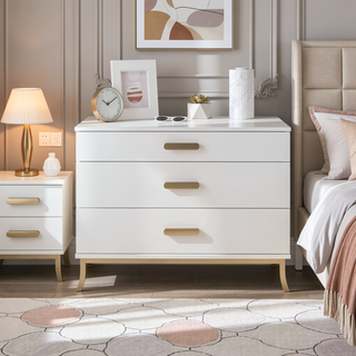 Sunvega Off-White Dresser with Gold Oval Handles and Three Tiered Storage Drawers