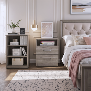 Sunvega Light Grey Nightstand with Two Drawers and One Open Shelf