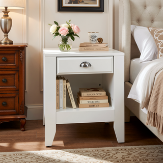 Sunvega Modern Mid Century Nightstand with Drawer and Open Storage Shelf