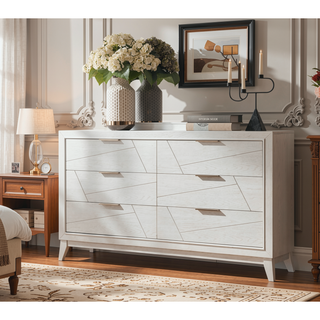 Sunvega Antique White Finish Oak Veneer Dresser with 6 Dovetail Storage Drawers