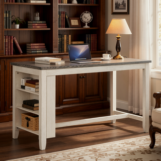 Sunvega Antique White and Rosy Brown Wooden Counter Height Table with Built-in Shelves