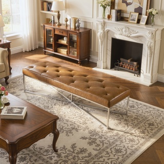 Sunvega Harper Tan Leather Bench with Padded Seat and Teak Wood Frame