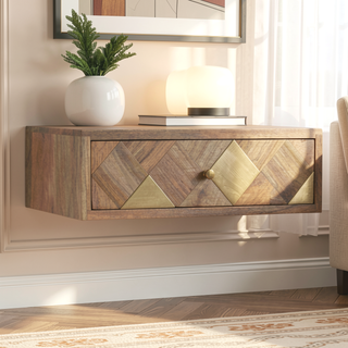 Sunvega Solid Mango Wood Wall-Mounted Nightstand with Brass Inlay Drawer and Gold Finish
