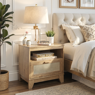 Sunvega Modern Cane Nightstand with Drawer and Open Cubby for Bedroom