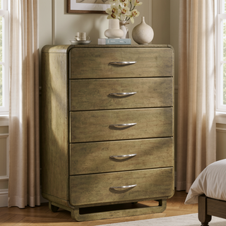 Sunvega Tully Nutmeg Five-Drawer Chest with Modern Wood Finish and Metal Glides