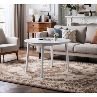 Sunvega Round Drop Leaf Dining Table with Vintage Antiqued White Cottage Finish