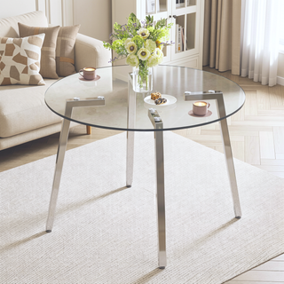 Sunvega Modern Minimalist Circular Transparent Tempered Glass Table with Golden Metal Legs