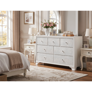 Sunvega Modern Glam White Crocodile Texture Two Drawer Nightstand with Crystal Pulls