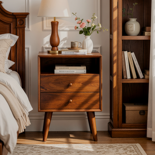 Sunvega Chestnut Cube Carved Nightstand with Nordic Legs and 2 Drawers