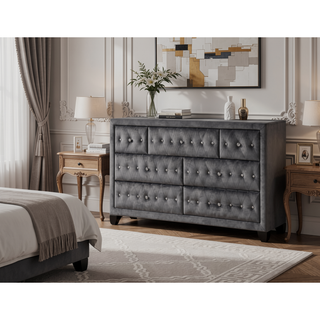 Sunvega Cream Velvet Upholstered Crystal Tufted 7-Drawer Dresser with Wood Frame