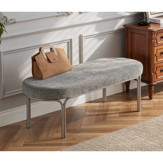 Sunvega Beige Tufted Upholstered Bench with Plush Cushioned Seat and Champagne Metal Legs