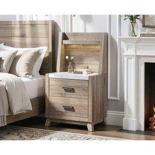 Sunvega Rustic Transitional Contemporary Nightstand Wall Panel with Faux Stone Top and LED Light