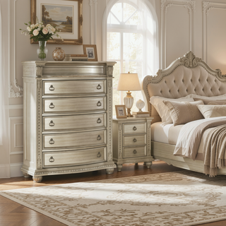 Sunvega Silver Finish European Design Nightstand with Genuine Marble Top