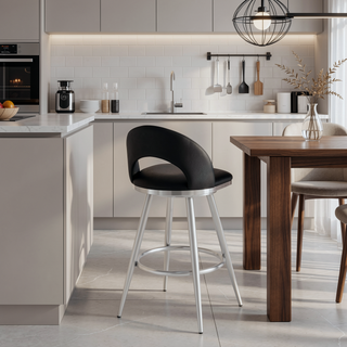 Sunvega 30 Inch Swivel Bar Stool with Black Faux Leather and Brushed Stainless Steel