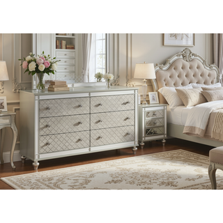 Sunvega Modern Luxury Dresser with Silver Finish and Diamond Patterned Drawer Fronts