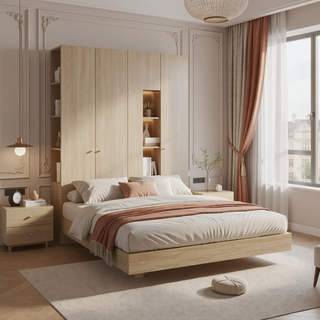 Sunvega Three-Door Freestanding Closet with Hanging Rod and Shelves for Bedroom