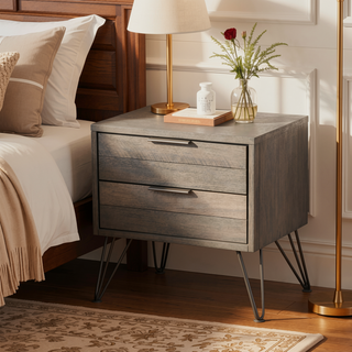 Sunvega Contemporary Grey Wood Night Stand with Metal Hairpin Legs and Drawers